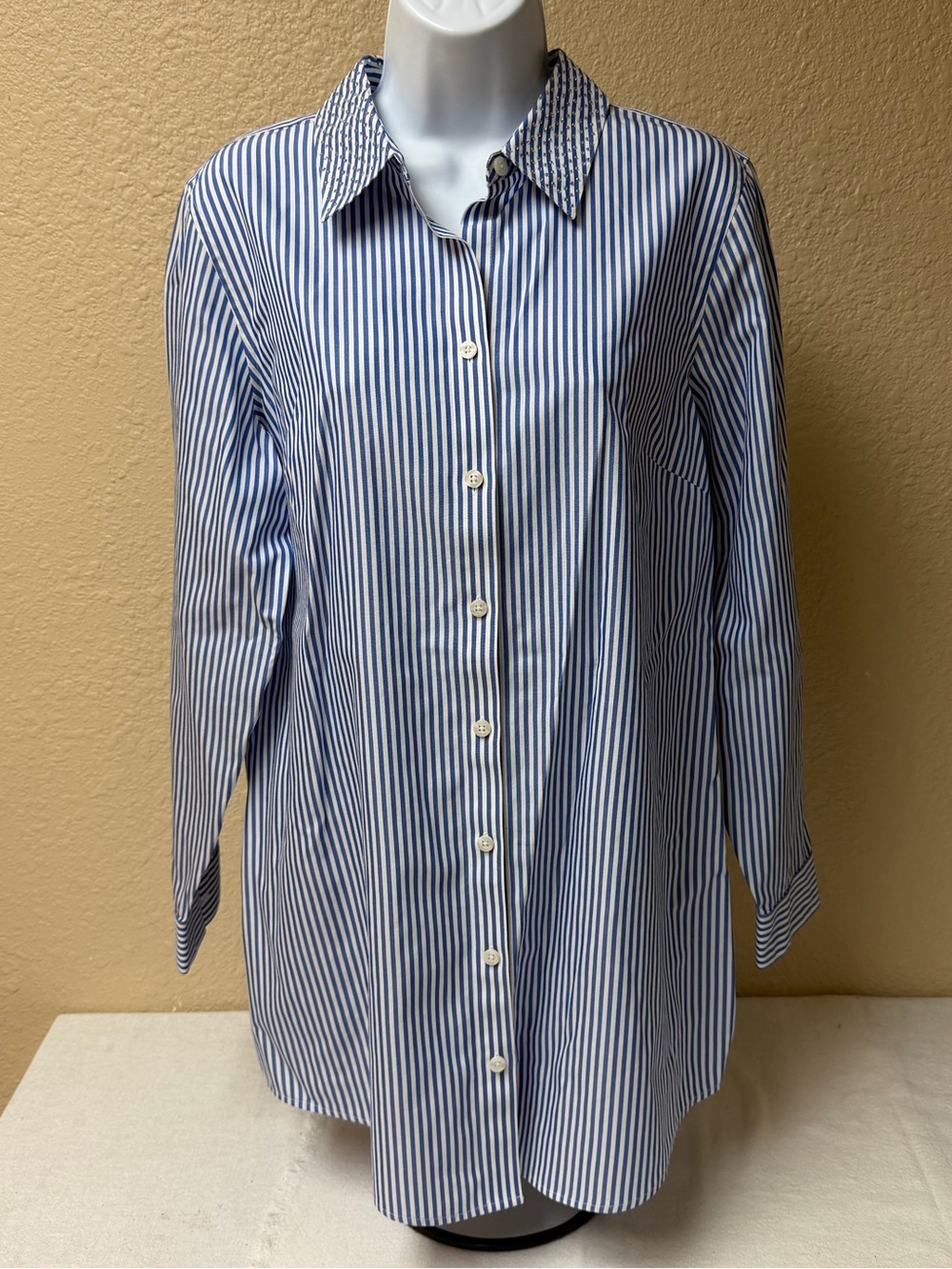 4/$20 Chico's Blue and White Vertical Stripe Button-Up Shirt with gem collars